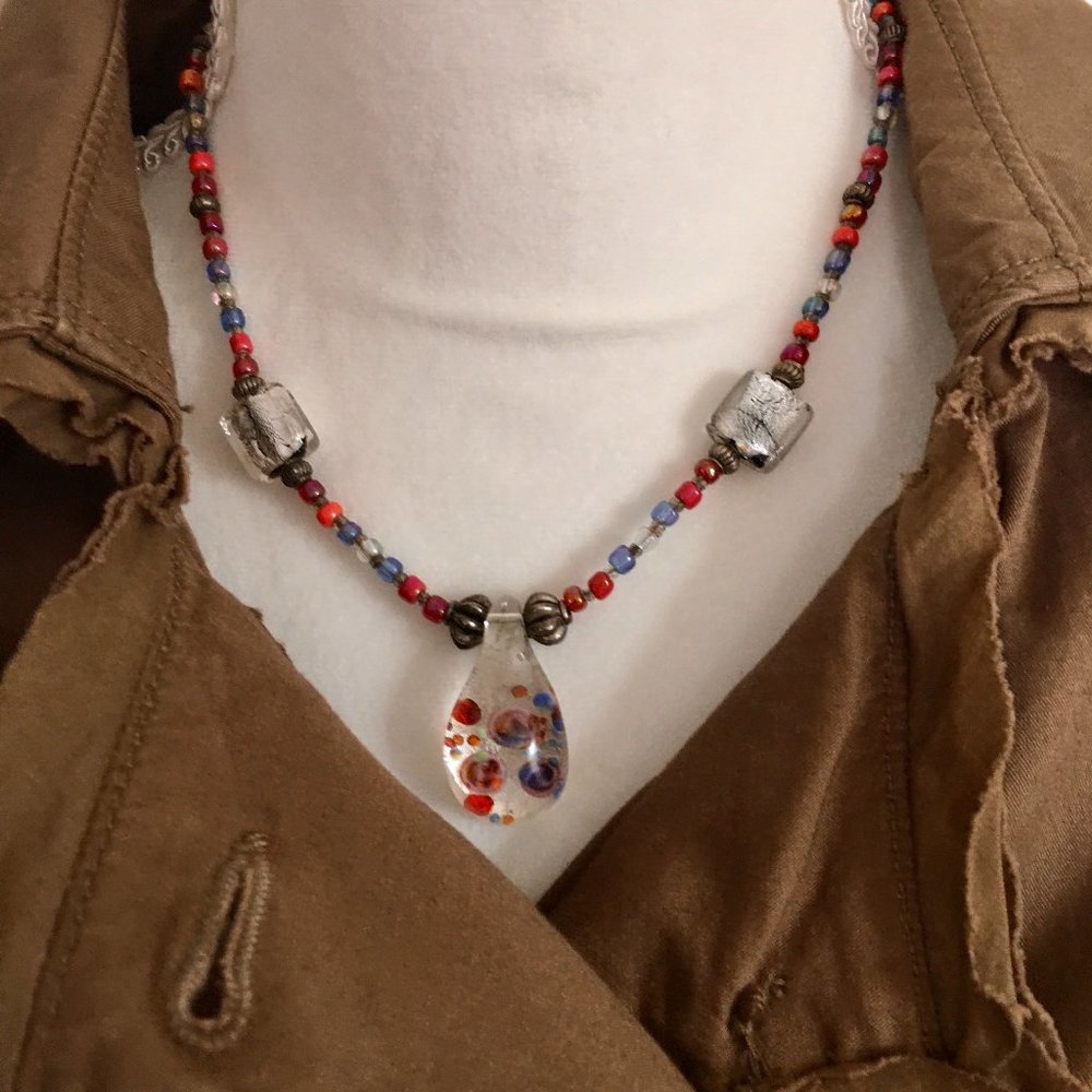 Bohemian Foiled Art Glass Pendant Necklace Handcrafted